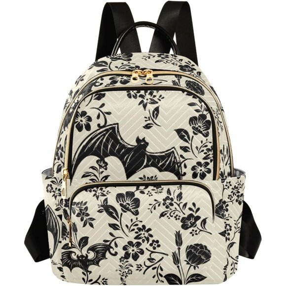 Goth Bat Flowers Quilted Small Backpack Water Resistant Casual Daypack - Picture 1 of 7